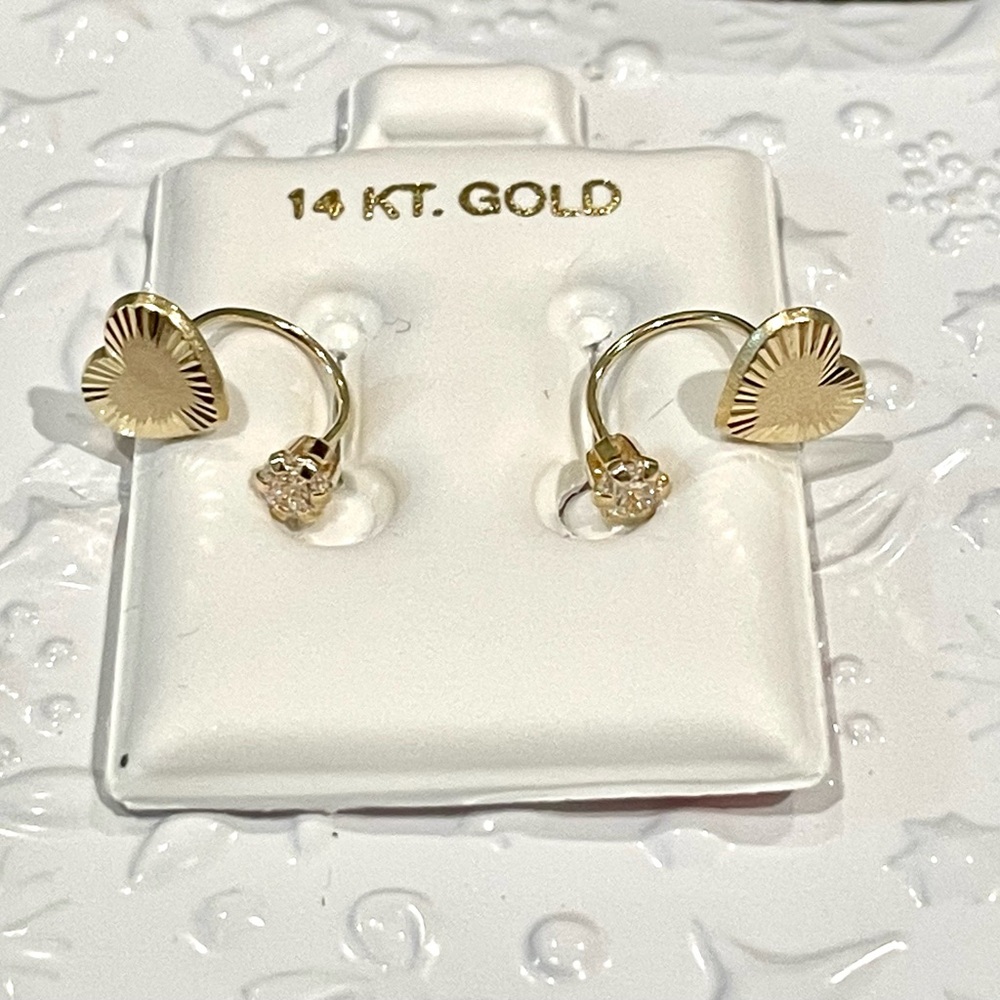 14 KT Gold Telephone Heart Hoop Earrings with 3 mm Cz Stamping Setting screw